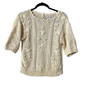 Windcrest Women's Short Sleeve Hand Knit Silk Blend Cream Sweater Size S GUC
